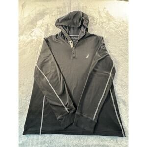 Nautica Men's Black Knit Cotton Hooded Henley Pullover Hoodie Button Size L